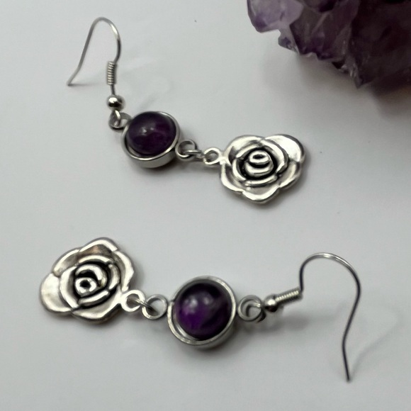 Purple Amethyst Stone  Silver Rose Flower Dangle Earrings - Picture 1 of 1